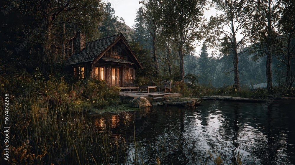 Fototapeta premium Serene riverside cabin surrounded by lush trees in the early morning light