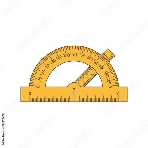 A yellow protractor with a rotating arm, a common geometry tool for measuring and drawing angles on a white background.