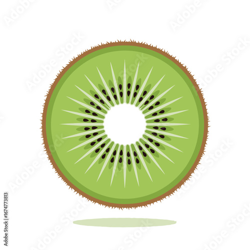 A vibrant, juicy slice of kiwi fruit with seeds and a fuzzy brown skin.