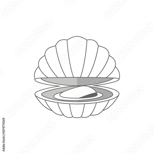 Open oyster shell with pearl inside, detailed illustration.