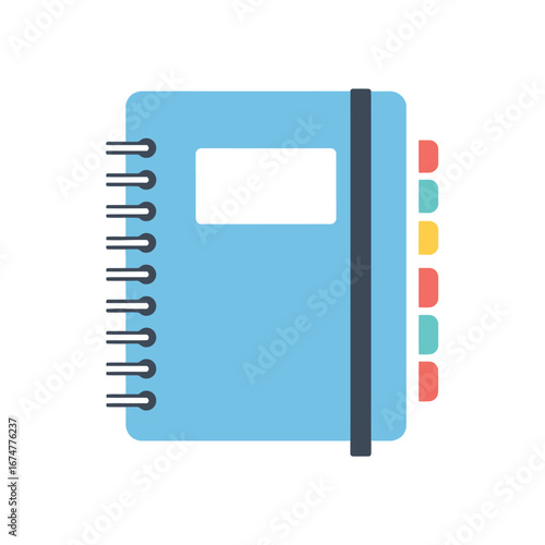 Illustration of a blue spiral notebook with tabs and an elastic band.
