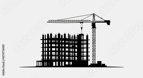 Silhouette of a Building Under Construction with Crane, Black and White