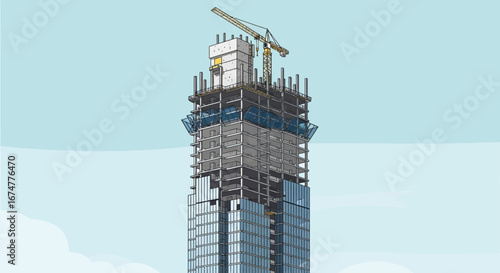 Under Construction Skyscraper with Crane and Glass Facade