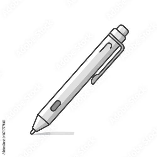 A minimalist vector illustration of a gray retractable ballpoint pen with a clip, shown at an angle as if writing on a surface.