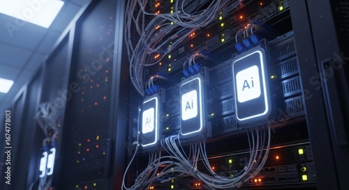Cutting-edge AI Artificial Intelligence Technology powering advanced data servers in a modern data center environment