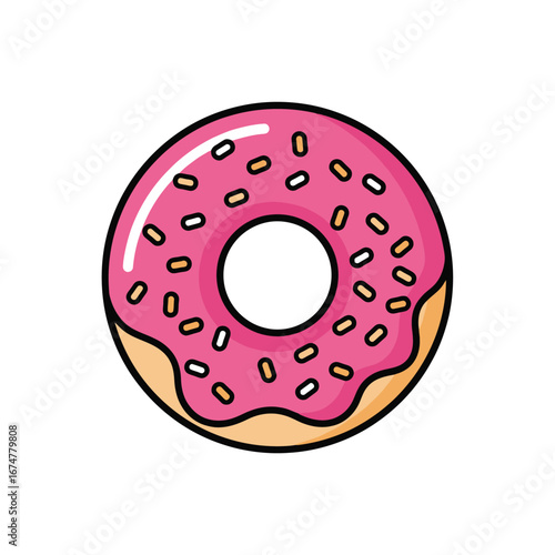 A cartoon-style illustration of a delicious donut with vibrant pink frosting and colorful sprinkles, isolated on a white background.