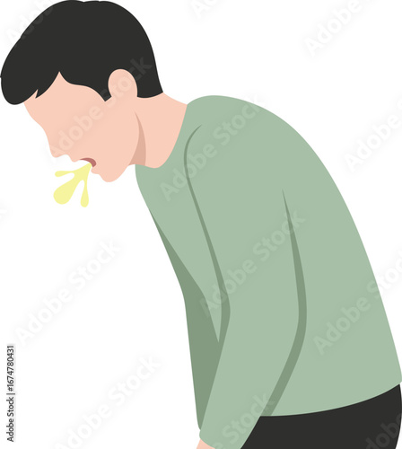 Illustration of Sick Person Vomiting - Man Bending Forward with Nausea and Stomach Illness Symptom