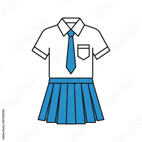A detailed illustration of a school uniform, featuring a white shirt, blue tie, and pleated skirt.