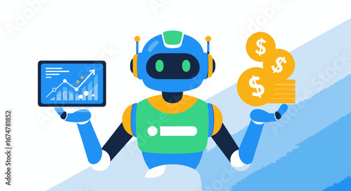 Illustration of a financial robot holding a stock chart and money symbolizing automated investment