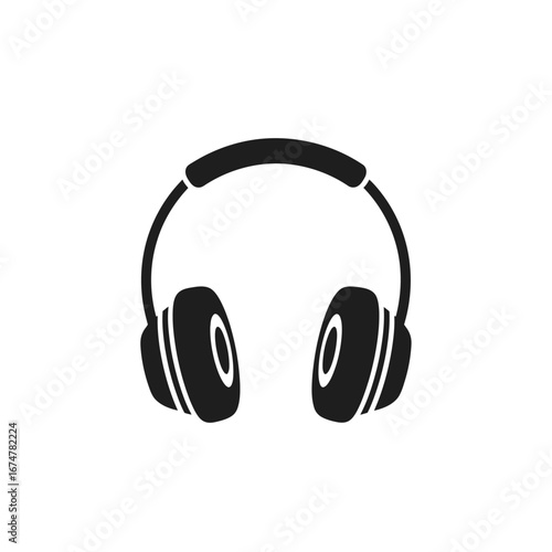 A simple black silhouette icon of over-ear headphones for listening to music or audio, isolated on a white background.