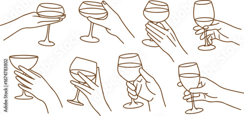 Minimalist Line Art Hands Holding Wine Glasses – Elegant Vector Illustration, Vector simple minimal linear style illustration with cartoon hands holding wine glasses, celebration and party vibe