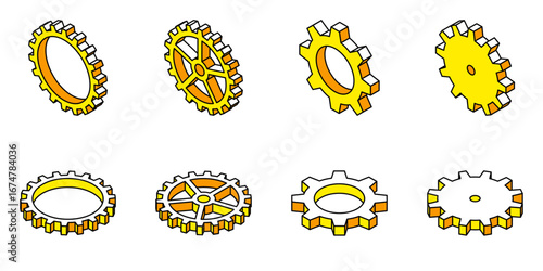 歯車　アイソメトリック　ベクター　イラスト　セット