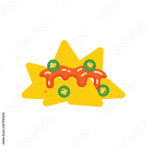 Close-up of delicious nachos with cheese, jalapenos, and red sauce on a white background.