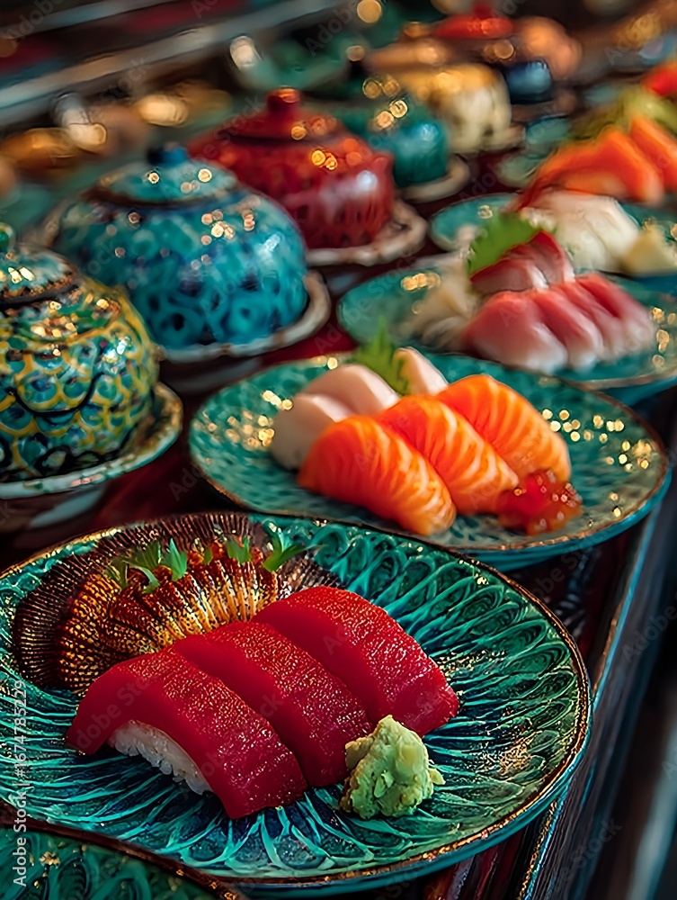 Fototapeta premium Neatly arranged sushi conveyor belt where each round plate holds one piece of sushi including tuna salmon sea urchin uni squid and shrimp in vivid detail