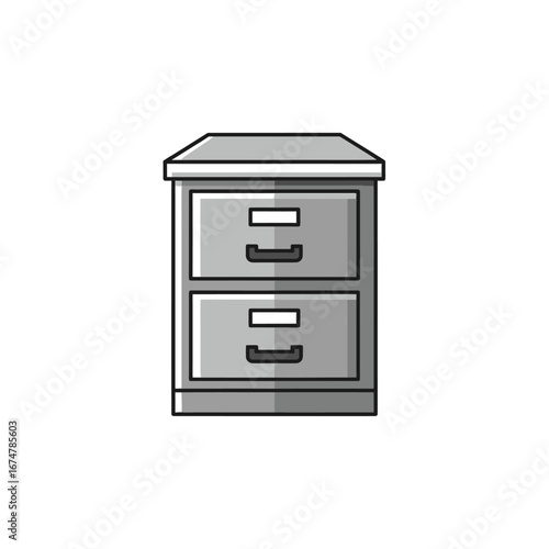 A simple illustration of a two-drawer gray filing cabinet with black handles and drawer pulls.