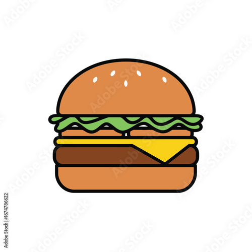 A detailed illustration of a delicious burger with sesame seed bun and fresh ingredients.