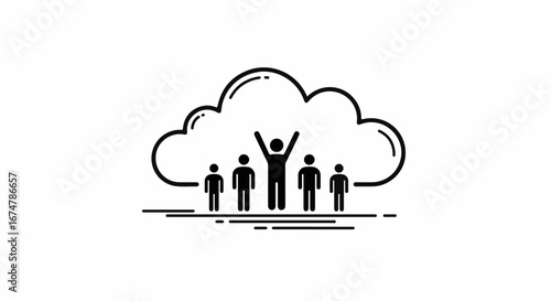 Teamwork triumphs with cloud technology, people achieving goals together, celebrating success, digital collaboration, modern solutions, innovation icon design
