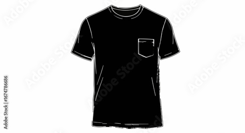Modern vector drawing of a black t-shirt with a pocket, perfect for fashion mockups and apparel designs, offering a versatile and stylish look