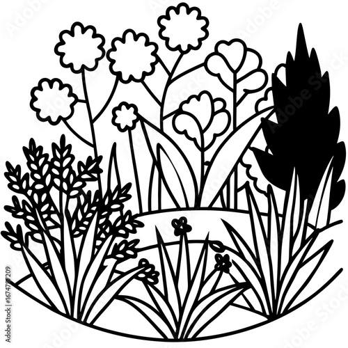 Minimalist Wild Garden Botanical Outline Vector Drawing Isolated on White