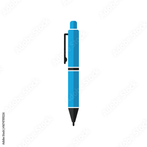 A simple, flat illustration of a blue ballpoint pen with a black clip and tip.