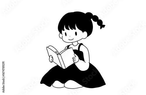 Child reading a book – educational hand-drawn illustration