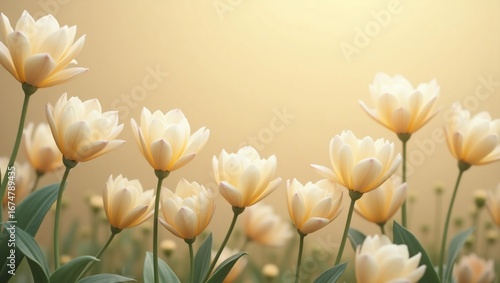 Soft Light with Cream Tulips Field.