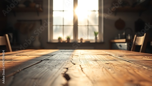 Wallpaper Mural A rustic wooden table bathed in morning sunlight, creating a warm and inviting kitchen atmosphere. Torontodigital.ca