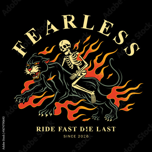 vector illustration of a skeleton riding a fiery black panther in old school tattoo style