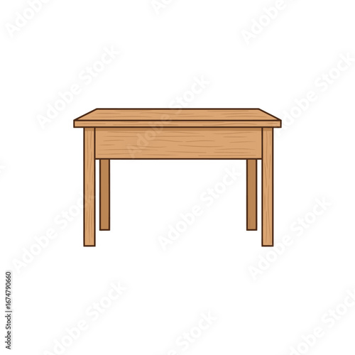 A simple wooden table with four legs, shown from a front-facing perspective on a white background.