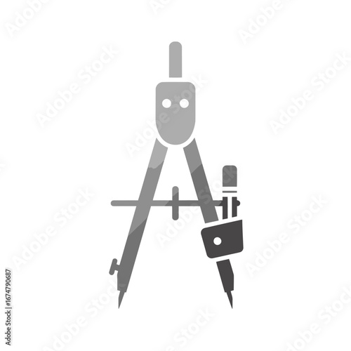A graphic illustration of a drafting compass with a pencil attachment, rendered in shades of gray.