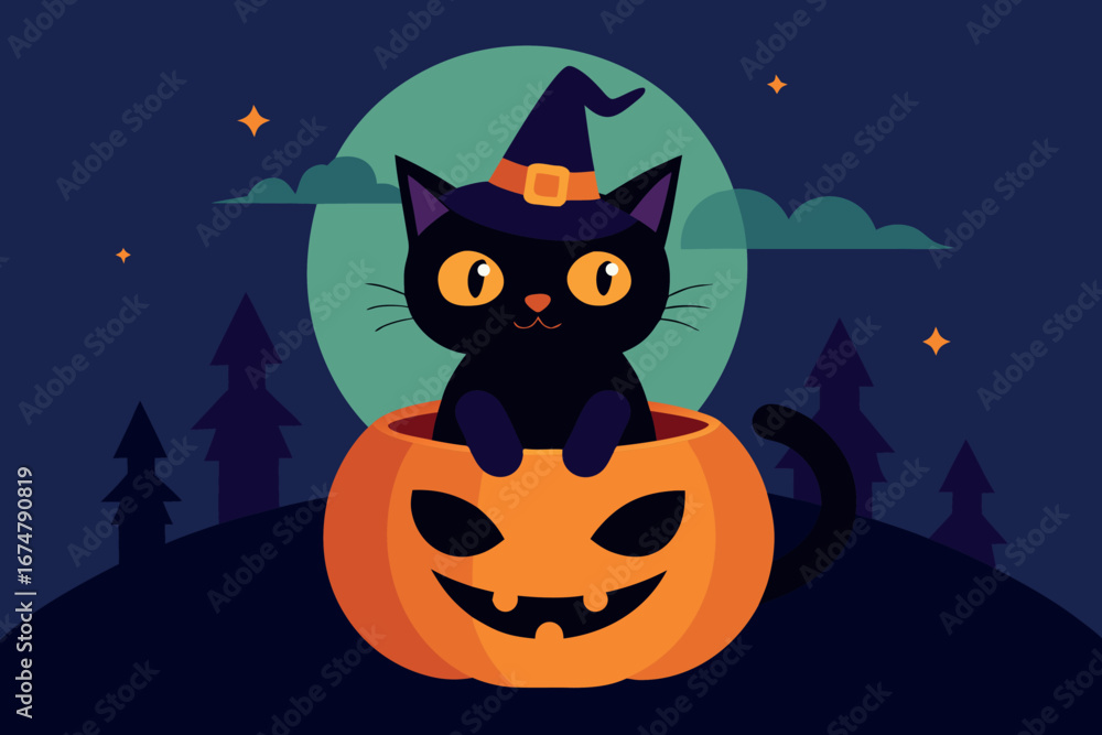 Cute Black Cat Wearing a Witch Hat Sitting in a Pumpkin for Halloween Night Illustration