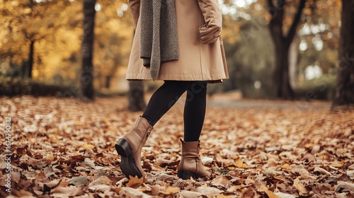 Woman in coat and scarf walking in autumn leaves in a park.