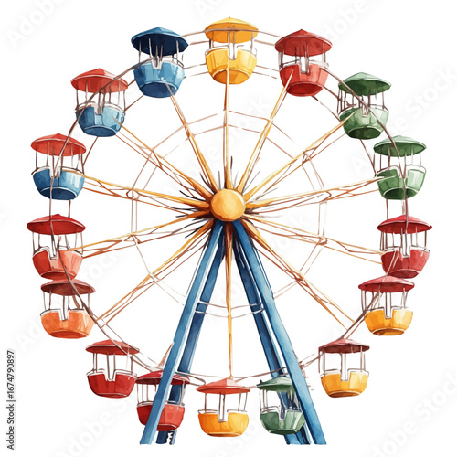 watercolor vector of Summer Fair Ferris Wheel, isolated on a white background.
