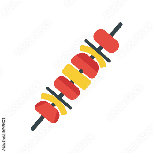 A delicious shish kebab with red meat and yellow onions on a skewer.