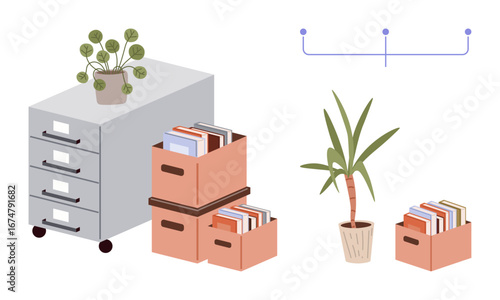 Filing cabinet on wheels, books in cardboard boxes, and two potted plants create an organized workspace. Ideal for productivity, minimalism, organization, office design, eco-friendly spaces