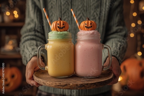 A person holding festive Halloween smoothies with pumpkin decorations.