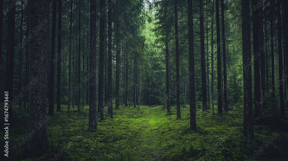 Obraz premium Tranquil forest path with lush green ground cover