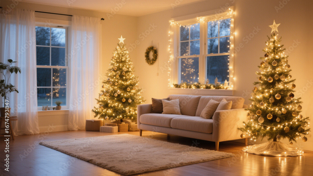 Fototapeta premium A living room during the holiday season, illuminated by warm golden lights from a beautifully decorated Christmas tree. Christmas, Christmas Tree, Merry Christmas, Christmas Background