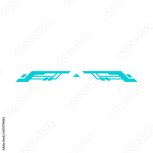 Symmetrical futuristic graphic divider or header component. Abstract cyber-tech geometric line art in bright cyan for a modern sci-fi interface design