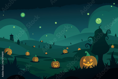 Halloween Night Landscape with Glowing Pumpkins Spooky Tree and Fireflies in a Dark Green and Blue Color Scheme