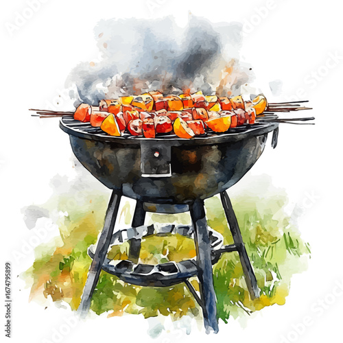 Summer Barbecue, watercolor painting vector, isolated on a white background.