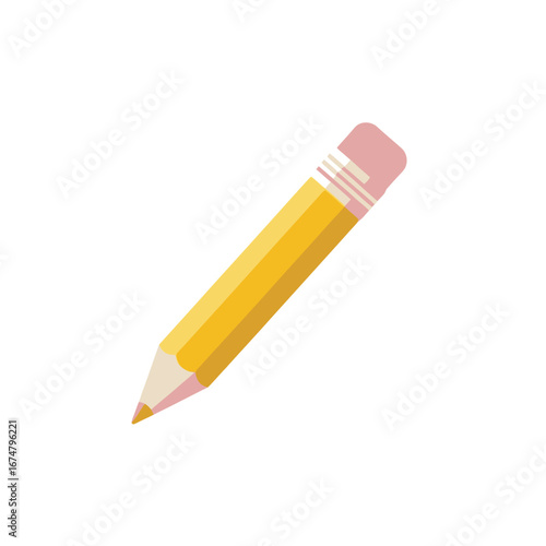 A classic yellow wooden pencil with a sharpened graphite tip and a pink eraser, depicted in a simple flat vector illustration style.