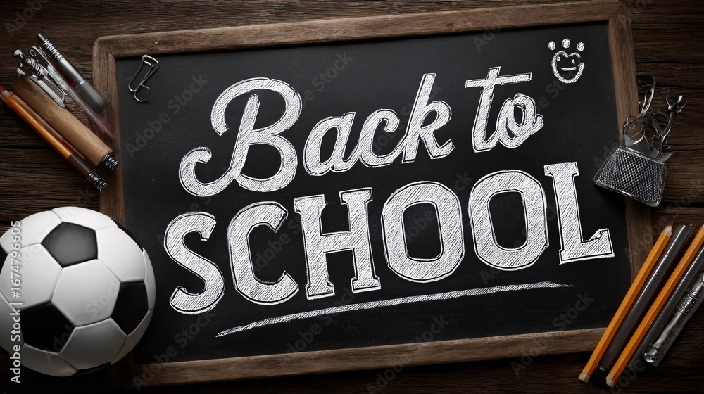 Obraz premium Back to school text on chalkboard with soccer ball and school supplies.