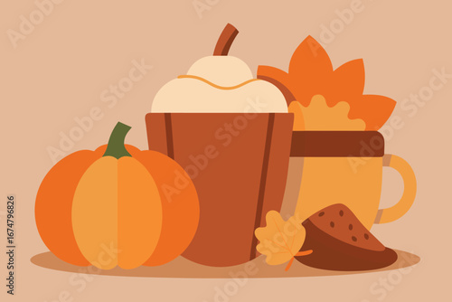 Autumnal Still Life with Pumpkin Spice Latte Hot Drink Pumpkin and Leaf Perfect for Fall