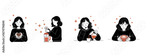 Cozy self-care routine illustration: Woman enjoying warm coffee or tea moments, embracing comfort and self-love.