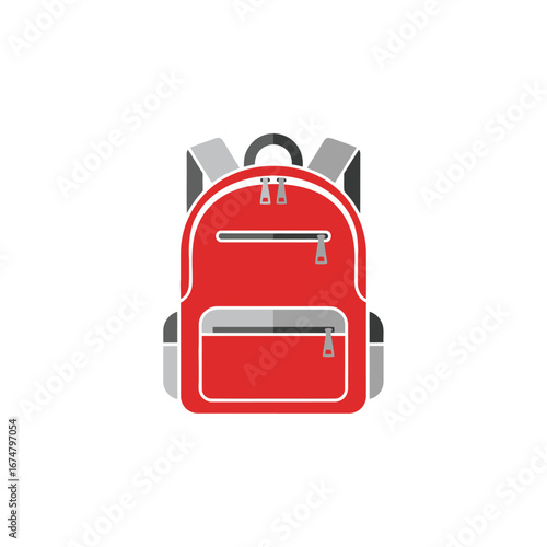 A simple, stylized illustration of a red backpack with grey accents and zippers, presented against a white background.