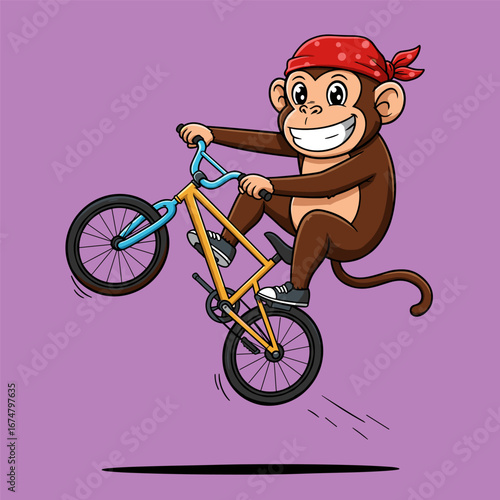 A grinning cartoon monkey pops a wheelie on a colorful BMX bike, rocking a red polka-dot bandana and radiating playful energy against a solid purple background.