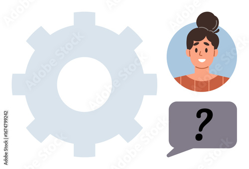 Profile of cheerful woman, speech bubble with question mark, and gear icon representing communication, creativity, brainstorming, innovation, decision-making, collaboration, and troubleshooting in