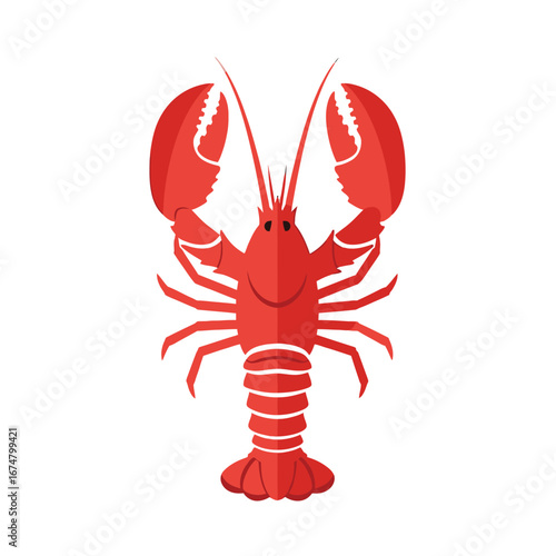 A bright red lobster with large claws raised in a defensive or aggressive stance, set against a white background.