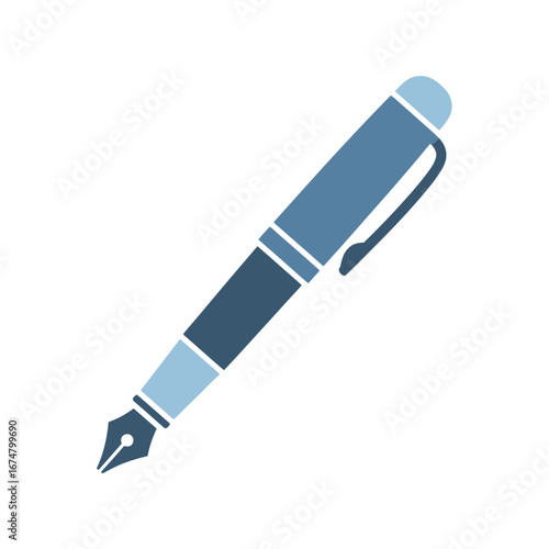 A classic blue fountain pen with a silver nib, illustrated at an angle on a plain white background.